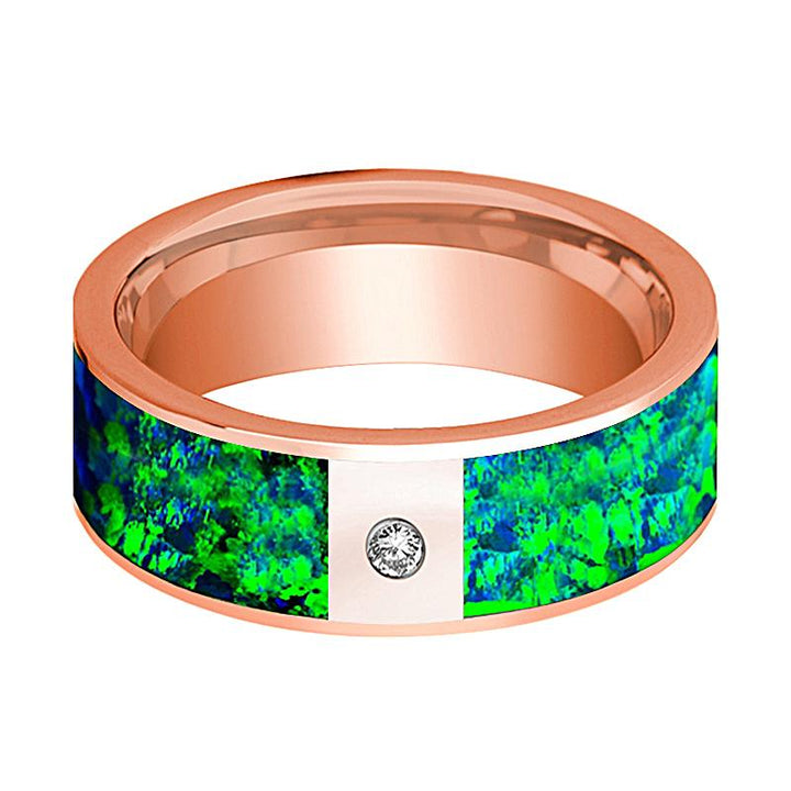 Flat Polished 14k Rose Gold and Diamond Men's Wedding Band with Emerald Green and Sapphire Blue Opal Inlay - 8MM - Rings - Aydins Jewelry - 2