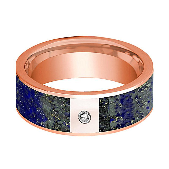 Flat Polished 14k Rose Gold and Diamond Wedding Band with Blue Lapis Lazuli Inlay - 8MM - Rings - Aydins Jewelry - 2