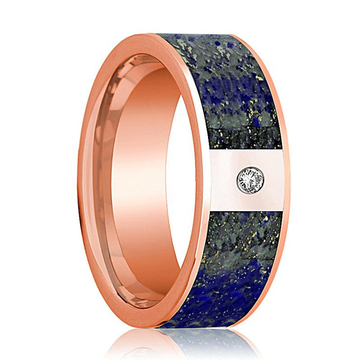 Flat Polished 14k Rose Gold and Diamond Wedding Band with Blue Lapis Lazuli Inlay - 8MM