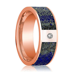 Lapis Lazuli inlay 14k rose gold wedding band 8mm with diamond, top view