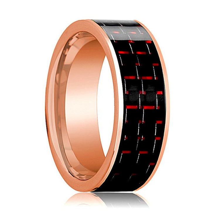 Flat Polished 14k Rose Gold Men's Wedding Band with Black and Red Carbon Fiber Inlay - Rings - Aydins Jewelry - 1