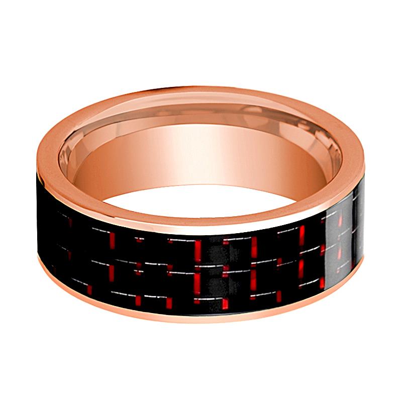 Black Carbon Fiber inlay 14k rose gold wedding band, side profile