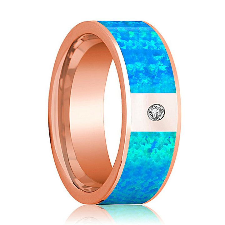 Flat Polished 14k Rose Gold Men's Wedding Band with Blue Opal Inlay and Diamond in Center - 8MM - Rings - Aydins Jewelry