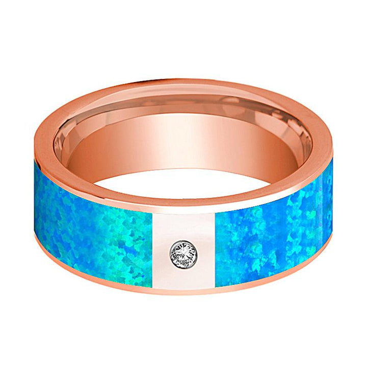 Flat Polished 14k Rose Gold Men's Wedding Band with Blue Opal Inlay and Diamond in Center - 8MM - Rings - Aydins Jewelry