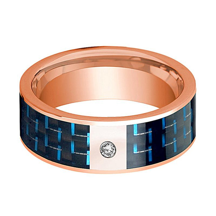 Flat Polished 14k Rose Gold Men's Wedding Band with Diamond and Black & Blue Carbon Fiber Inlay - 8MM