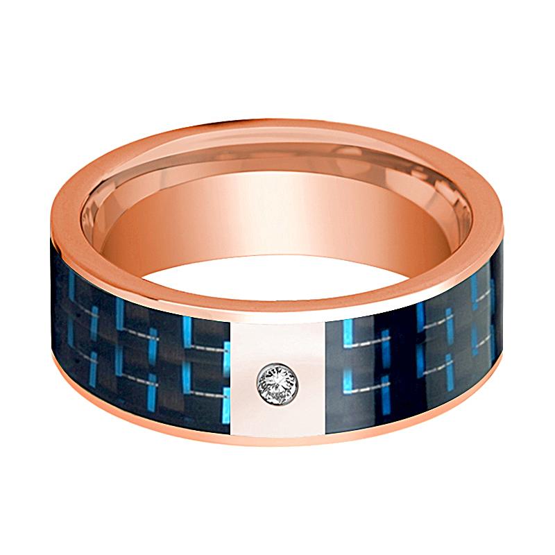 Blue Carbon Fiber inlay 14k rose gold wedding band 8mm with diamond, side profile