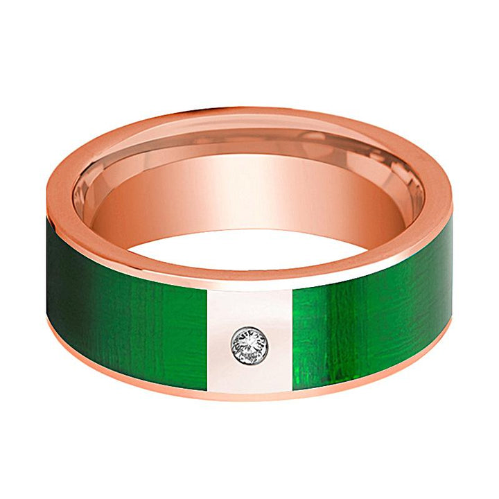 Flat Polished 14k Rose Gold Men's Wedding Band with Diamond and Textured Green Inlay - 8MM