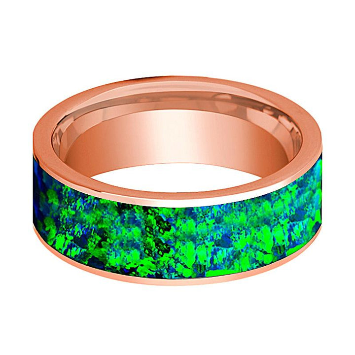 Flat Polished 14k Rose Gold Wedding Band for Men with Emerald Green and Sapphire Blue Opal Inlay - 8MM - Rings - Aydins Jewelry - 2