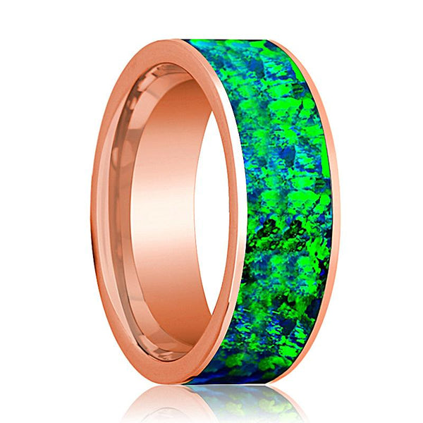 Flat Polished 14k Rose Gold Wedding Band for Men with Emerald Green and Sapphire Blue Opal Inlay - 8MM - Rings - Aydins_Jewelry