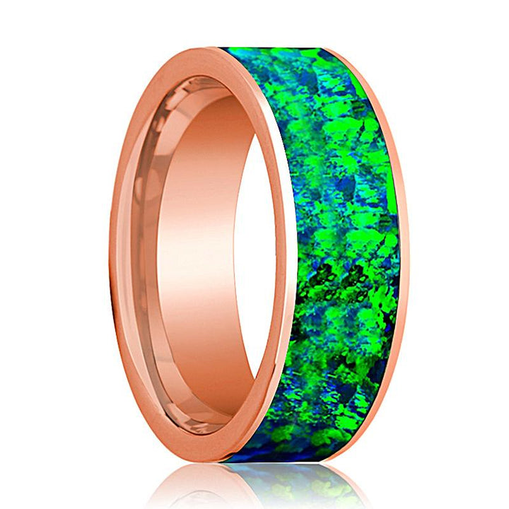 Flat Polished 14k Rose Gold Wedding Band for Men with Emerald Green and Sapphire Blue Opal Inlay - 8MM