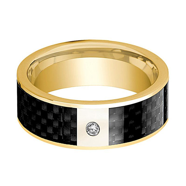 Flat Polished 14k Yellow Gold and Diamond Men's Wedding Band with Black Carbon Fiber Inlay - 8MM