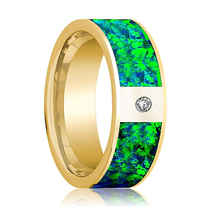 Flat Polished 14k Yellow Gold and Diamond Men's Wedding Band with Emerald Green and Sapphire Blue Opal Inlay - 8MM