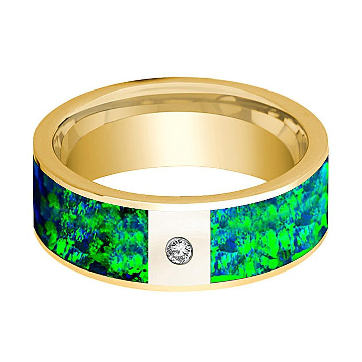 Flat Polished 14k Yellow Gold and Diamond Men's Wedding Band with Emerald Green and Sapphire Blue Opal Inlay - 8MM - Rings - Aydins Jewelry - 2