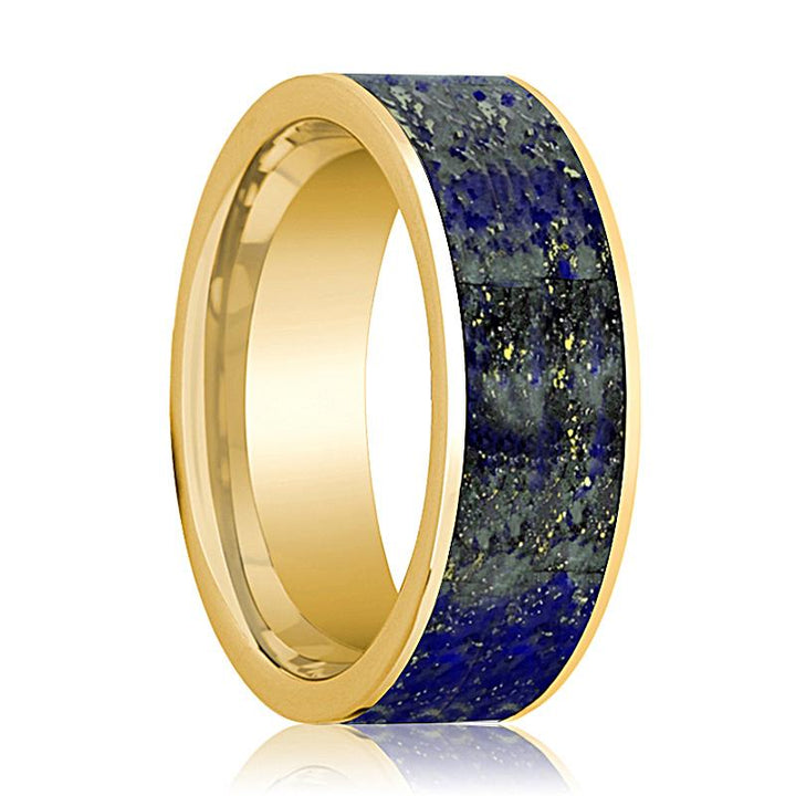 Flat Polished 14k Yellow Gold Men's Wedding Band with Blue Lapis Lazuli Inlay - 8MM - Rings - Aydins Jewelry - 1