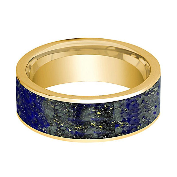 Flat Polished 14k Yellow Gold Men's Wedding Band with Blue Lapis Lazuli Inlay - 8MM - Rings - Aydins Jewelry - 2
