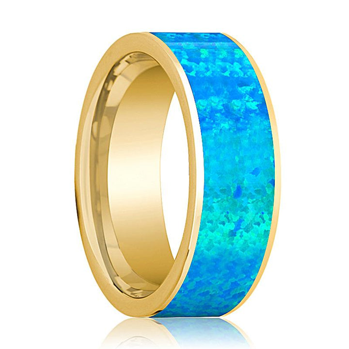 Flat Polished 14k Yellow Gold Men's Wedding Band with Blue Opal Inlay - 8MM