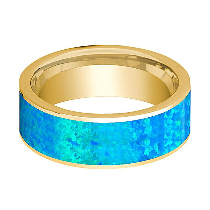 Flat Polished 14k Yellow Gold Men's Wedding Band with Blue Opal Inlay - 8MM