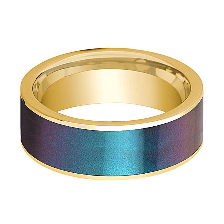 Flat Polished 14k Yellow Gold Men's Wedding Band with Blue/Purple Color Changing Inlay - 8MM - Rings - Aydins Jewelry - 2