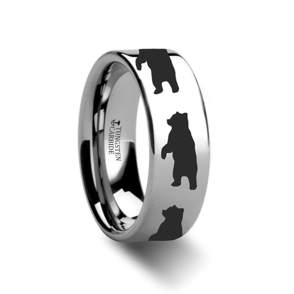 Flat Polished Tungsten Carbide Wedding Band for Men and Women with Laser Engraved Standing Bear Print - 4MM - 12MM - Rings - Aydins Jewelry - 1