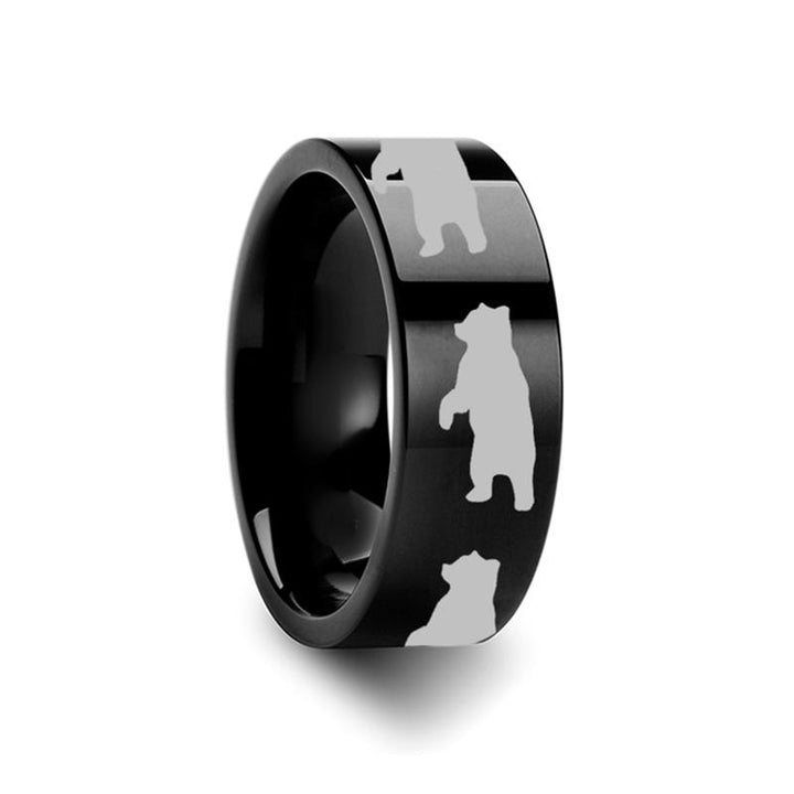 Flat Polished Tungsten Carbide Wedding Band for Men and Women with Laser Engraved Standing Bear Print - 4MM - 12MM - Rings - Aydins_Jewelry