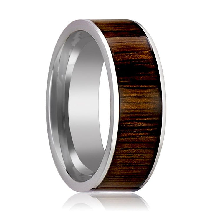 Flat Tungsten Wedding Band with Black Walnut Wood Inlay Polished Finish - 8MM - Rings - Aydins Jewelry