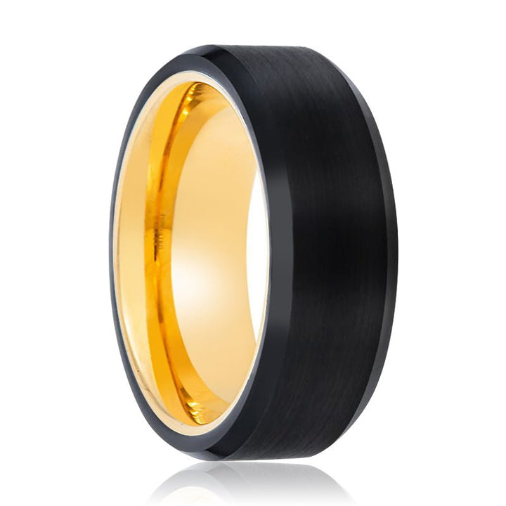 FLEUR | Gold Ring, Black Tungsten Ring, Brushed, Beveled - Rings - Aydins Jewelry