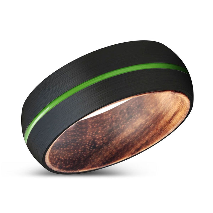 FLUFFY | Zebra Wood, Black Tungsten Ring, Green Groove, Domed - Rings - Aydins Jewelry - 2