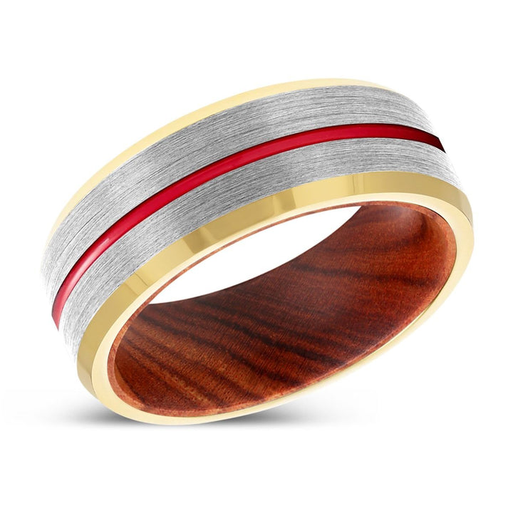 FLUX | Iron Wood, Silver Tungsten Ring, Red Groove, Gold Beveled Edge - Rings - Aydins Jewelry - 2