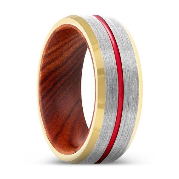 FLUX | Iron Wood, Silver Tungsten Ring, Red Groove, Gold Beveled Edge - Rings - Aydins Jewelry - 1