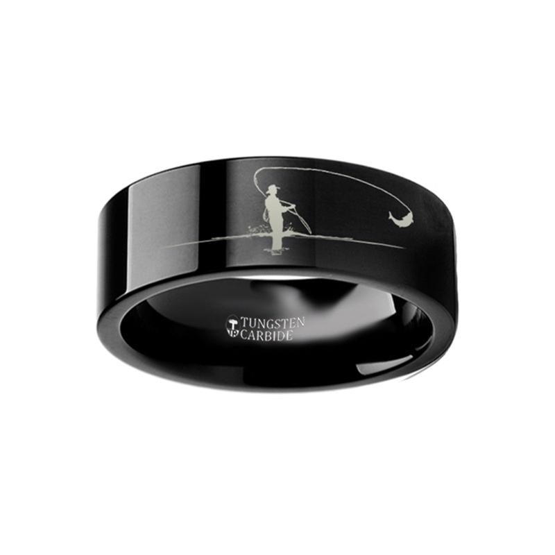 Fly Fishing Fishermen Print Engraved Black Tungste Tungsten Carbide men's wedding band, image 1