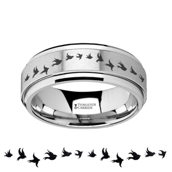 Flying Birds Engraved Raised Center Spinner Tungsten Wedding Ring for Men - 8MM - Rings - Aydins Jewelry - 1
