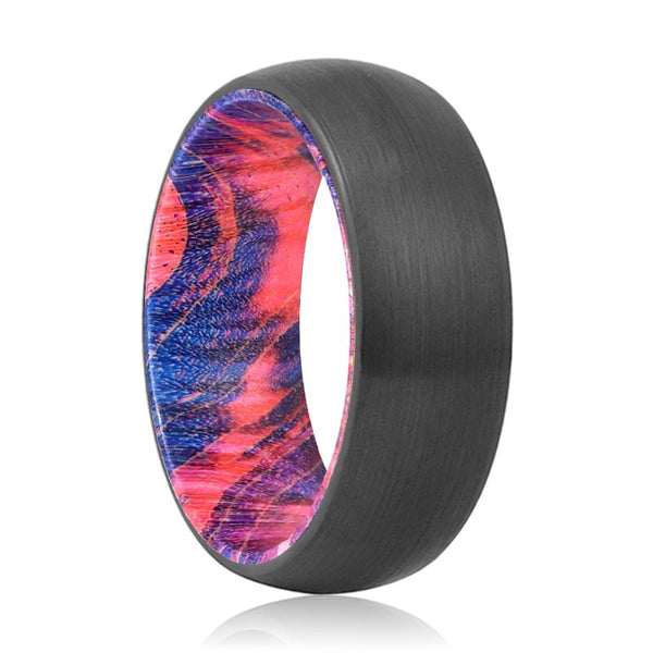 FORCE | Blue & Red Wood, Black Tungsten Ring, Brushed, Domed - Rings - Aydins Jewelry - 1