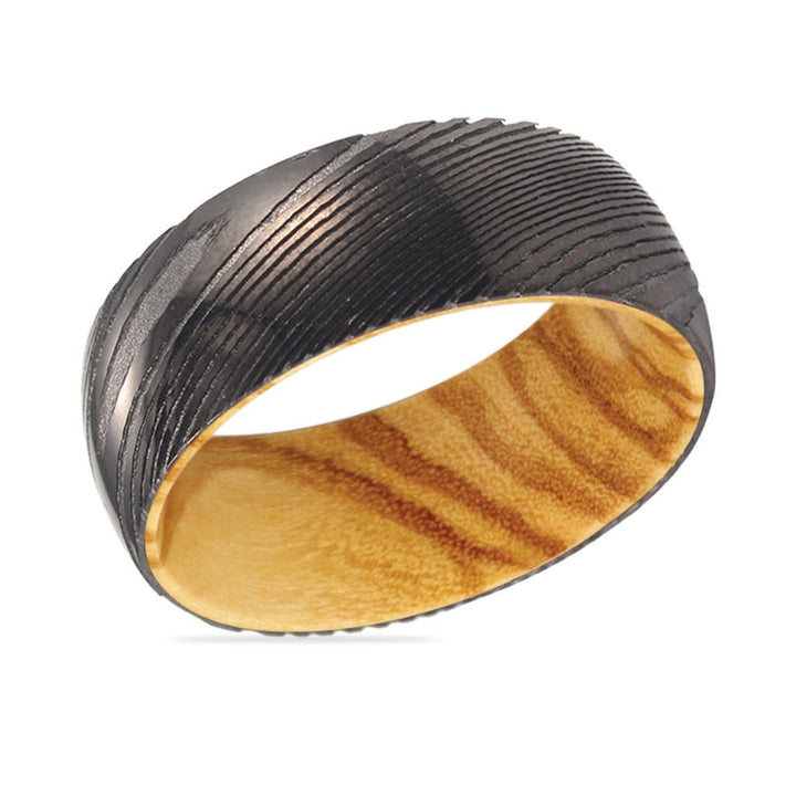 FOXTAIL | Olive Wood, Gunmetal Damascus Steel Ring, Domed - Rings - Aydins Jewelry - 2