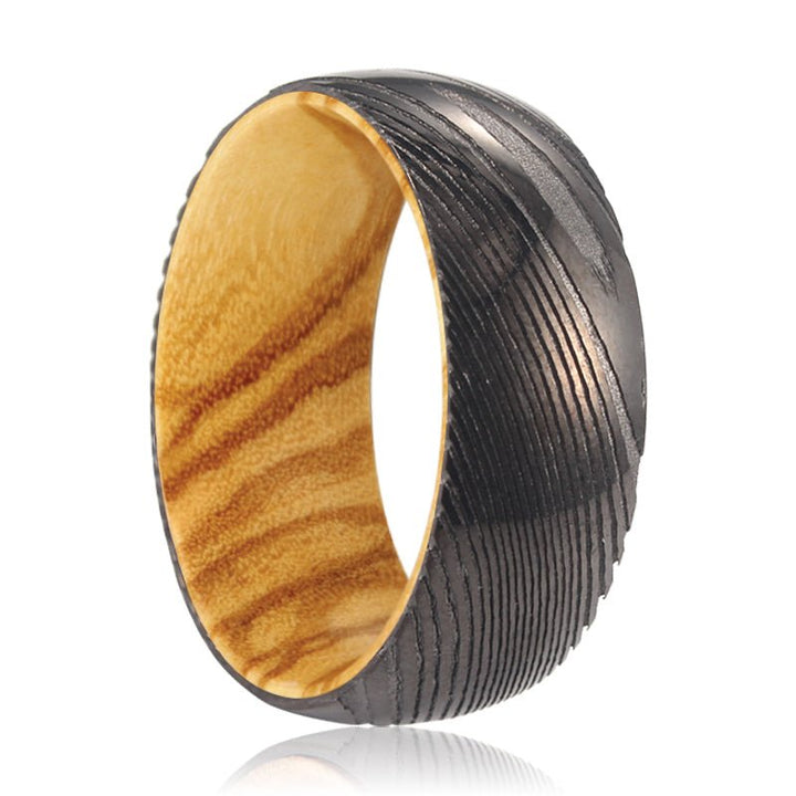 FOXTAIL | Olive Wood, Gunmetal Damascus Steel Ring, Domed - Rings - Aydins Jewelry - 1