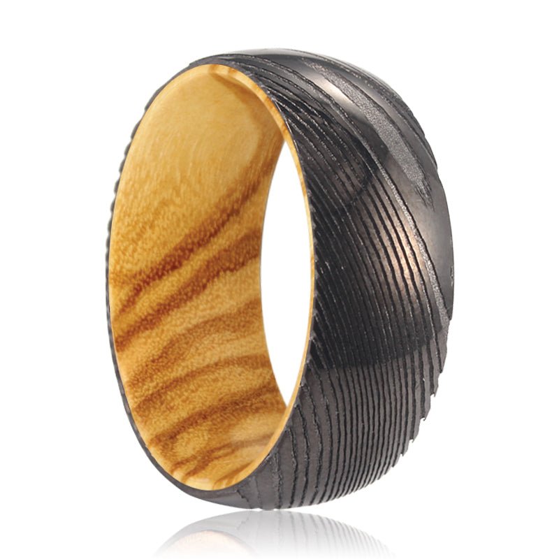 FOXTAIL | Olive Wood, Gunmetal Damascus Steel Ring, Domed - Rings - Aydins Jewelry