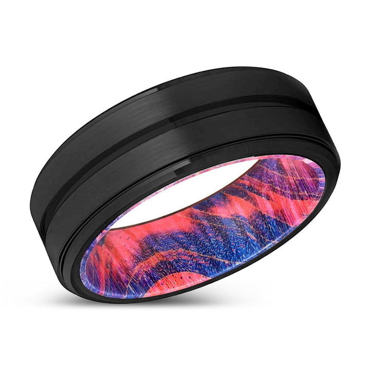 FRANKY | Blue & Red Wood, Black Tungsten Ring, Grooved, Stepped Edge - Rings - Aydins Jewelry - 2