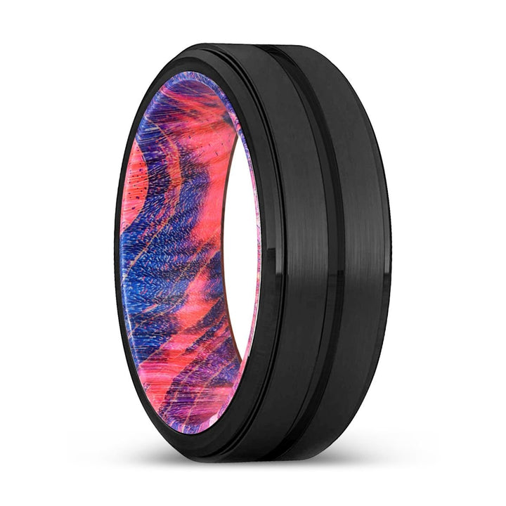 FRANKY | Blue & Red Wood, Black Tungsten Ring, Grooved, Stepped Edge - Rings - Aydins Jewelry - 1