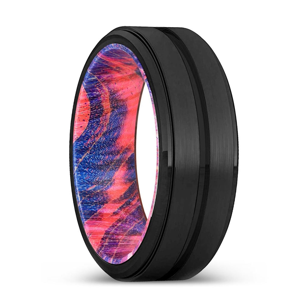 FRANKY | Blue & Red Wood, Black Tungsten Ring, Grooved, Stepped Edge