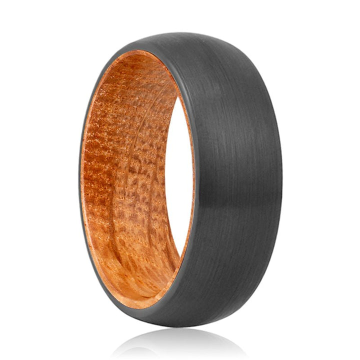 FRASER | Whiskey Barrel Wood, Black Tungsten Ring, Brushed, Domed - Rings - Aydins Jewelry