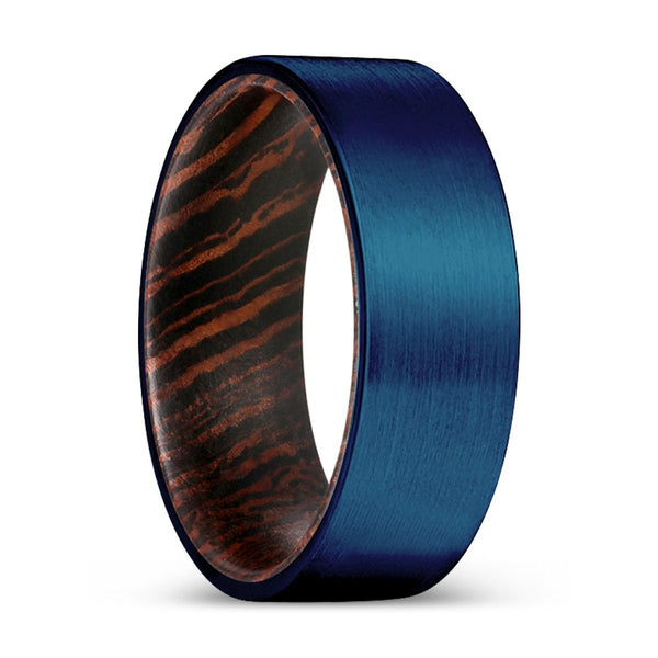 FREEBIRD | Wenge Wood, Blue Tungsten Ring, Brushed, Flat - Rings - Aydins Jewelry - 1
