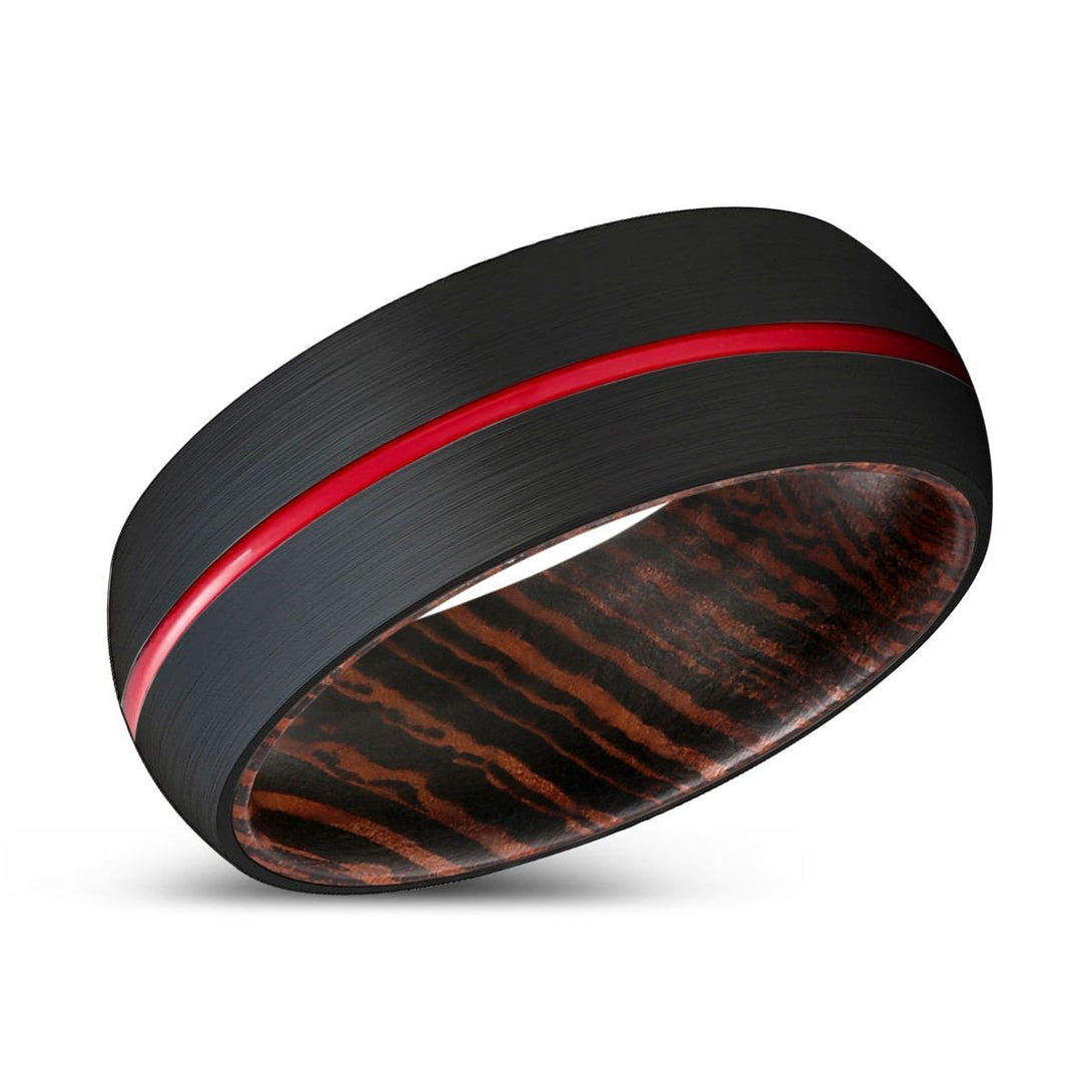 FRENZY | Wenge Wood, Black Tungsten Ring, Red Groove, Domed - Rings - Aydins Jewelry - 2