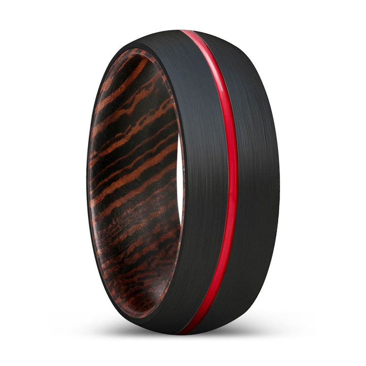 FRENZY | Wenge Wood, Black Tungsten Ring, Red Groove, Domed - Rings - Aydins Jewelry