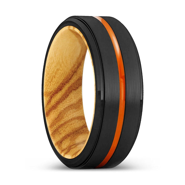 FRISCO | Olive Wood, Black Tungsten Ring, Orange Groove, Stepped Edge - Rings - Aydins Jewelry