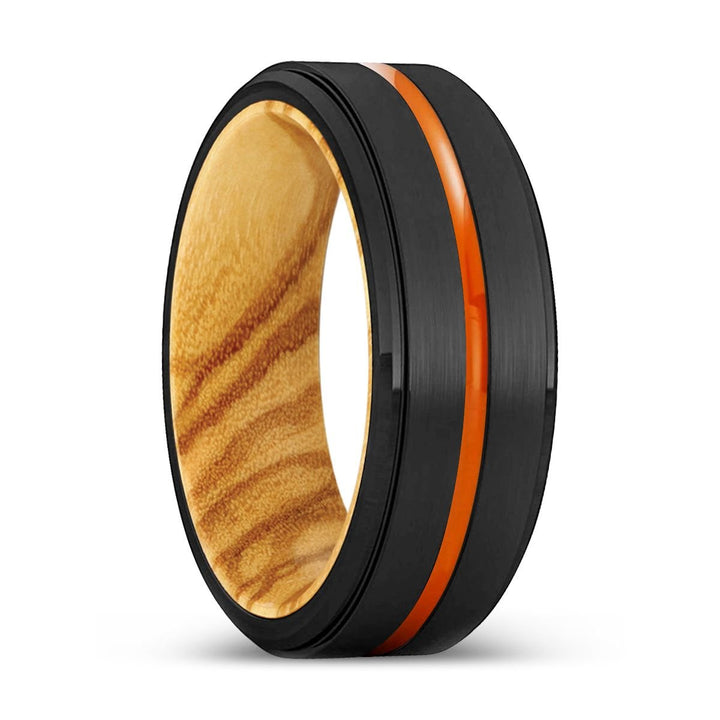 FRISCO | Olive Wood, Black Tungsten Ring, Orange Groove, Stepped Edge - Rings - Aydins Jewelry - 1