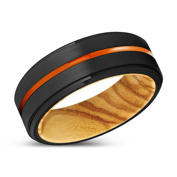 FRISCO | Olive Wood, Black Tungsten Ring, Orange Groove, Stepped Edge - Rings - Aydins Jewelry - 2
