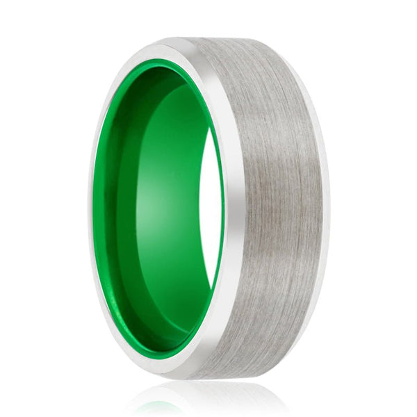 FROGGER | Green Ring, Silver Tungsten Ring, Brushed, Beveled