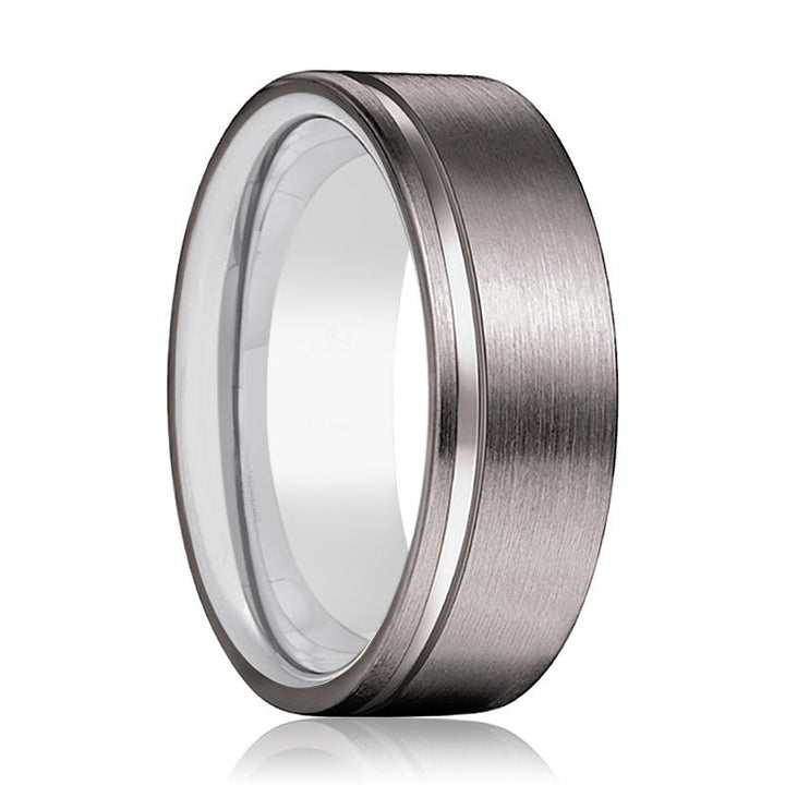 FROST | Silver Ring, Gunmetal Tungsten Offset Groove - Rings - Aydins Jewelry - 1
