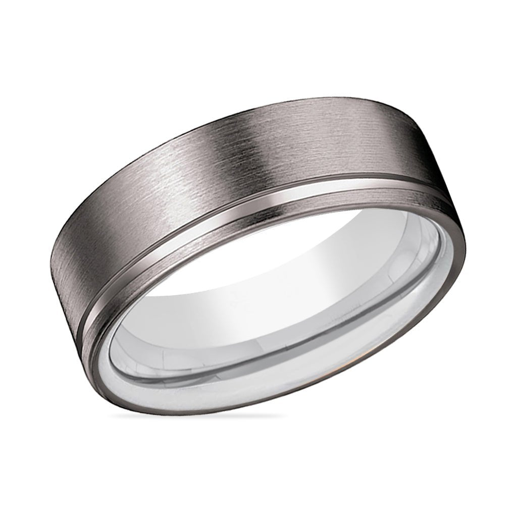 FROST | Silver Ring, Gunmetal Tungsten Offset Groove - Rings - Aydins Jewelry - 2