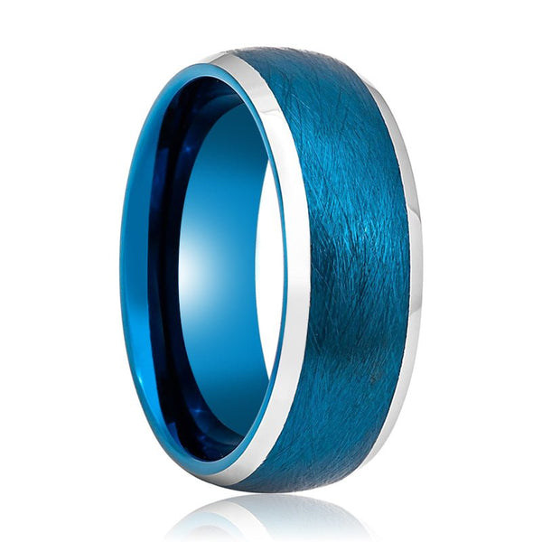 FROSTWANE | Blue Tungsten Ring, Brushed, Domed, Silver Beveled Edges - Rings - Aydins Jewelry - 1