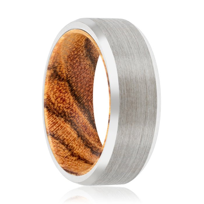 FUDGE | Bocote Wood, Silver Tungsten Ring, Brushed, Beveled - Rings - Aydins Jewelry - 1